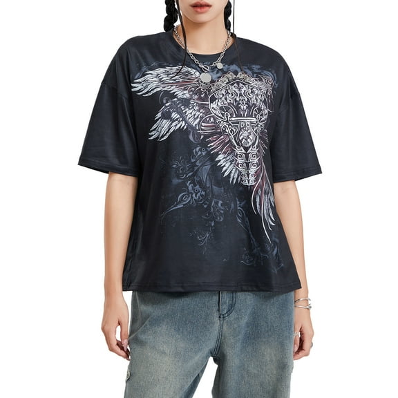 Musuos Women's Summer Loose Gothic T-shirt Short Sleeve Vintage Cross Wing Print Tops Streetwear