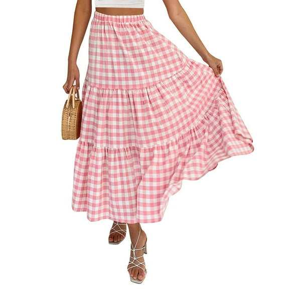 Musuos Women's Summer Loose Long Skirt High Waist Solid Color/Plaid Skirt for Travel, Beach, Shopping