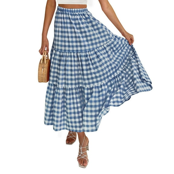 Musuos Women's Summer Loose Long Skirt High Waist Solid Color/Plaid Skirt for Travel, Beach, Shopping