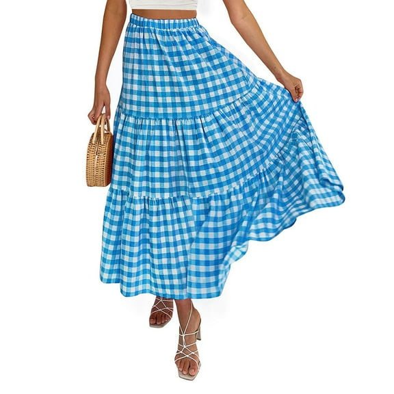 Musuos Women's Summer Loose Long Skirt High Waist Solid Color/Plaid Skirt for Travel, Beach, Shopping