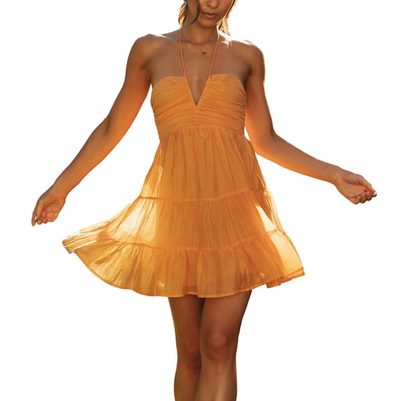 Musuos Women's Summer Mini Dress Casual Solid Color Sleeveless Halter Neck Flowy Tiered Dress