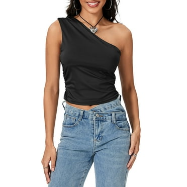 Musuos Women's Summer One Shoulder Tank Tops Sleeveless Solid Color/Floral Fashion Vest