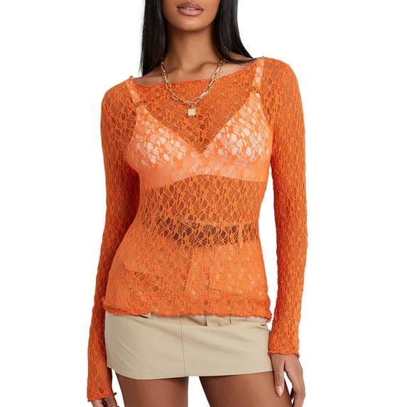 Musuos Women's Summer Sheer Crop Tops Long Sleeve Solid Color Fitted Short Lace Going Out Tops