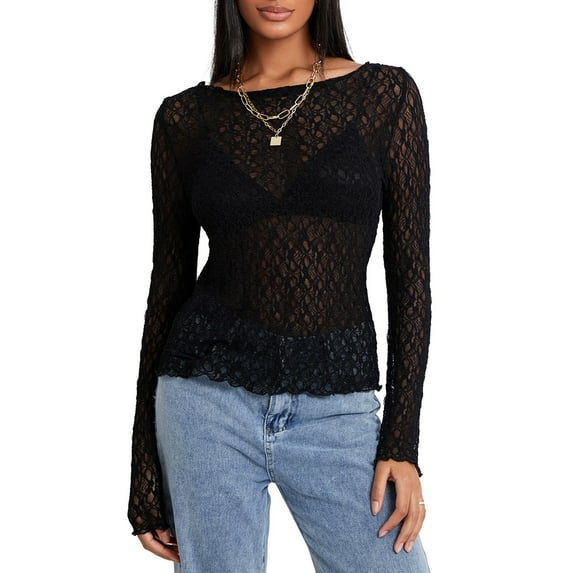 Musuos Women's Summer Sheer Crop Tops Long Sleeve Solid Color Fitted Short Lace Going Out Tops