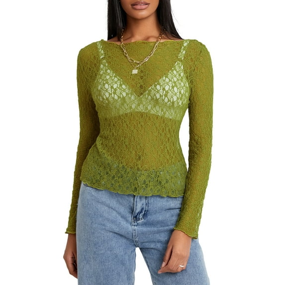 Musuos Women's Summer Sheer Crop Tops Long Sleeve Solid Color Fitted Short Lace Going Out Tops