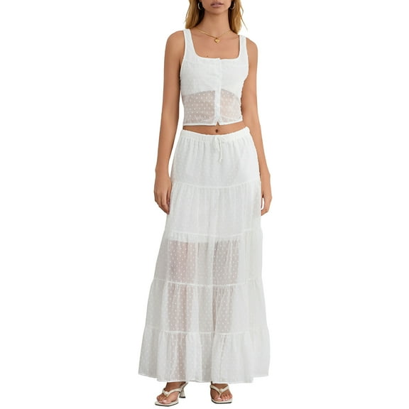 Musuos Women's Summer Skirt Outfits Solid Color Square Neck Tank Tops with Tiered A-line Long Skirt Set Casual Party Clothes