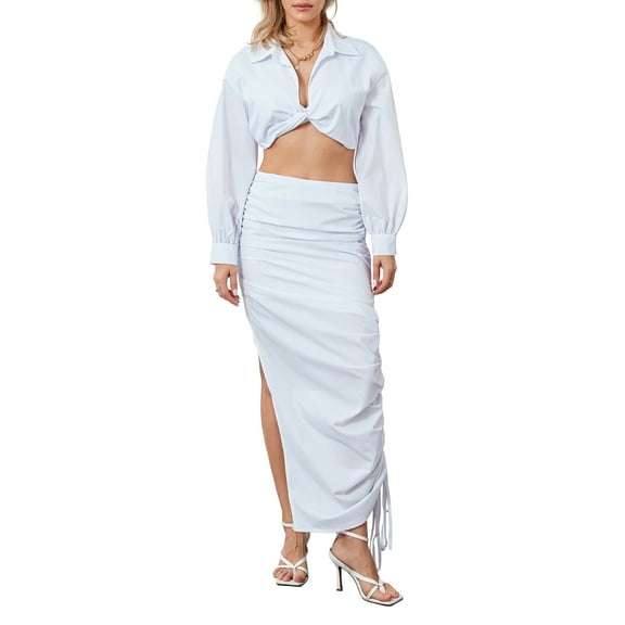Musuos Women's Summer Skirt Outfits White Long Sleeve Crop Shirt with Thigh Slit Long Skirt Set Party Clothes