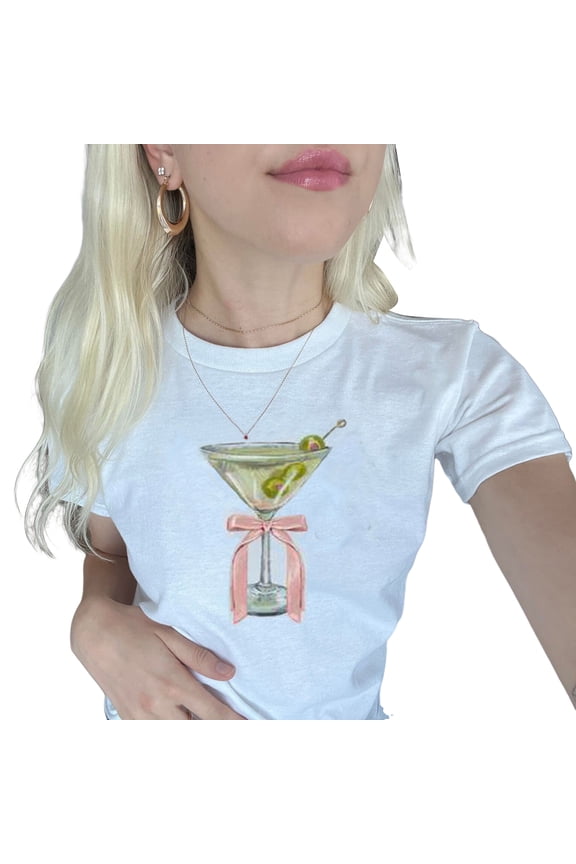 Women's Summer Slim Fit T-shirs Short Sleeve Crewneck Fruit/Wine Cup Print Crop Tops