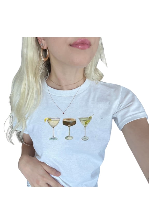 Women's Summer Slim Fit T-shirs Short Sleeve Crewneck Fruit/Wine Cup Print Crop Tops