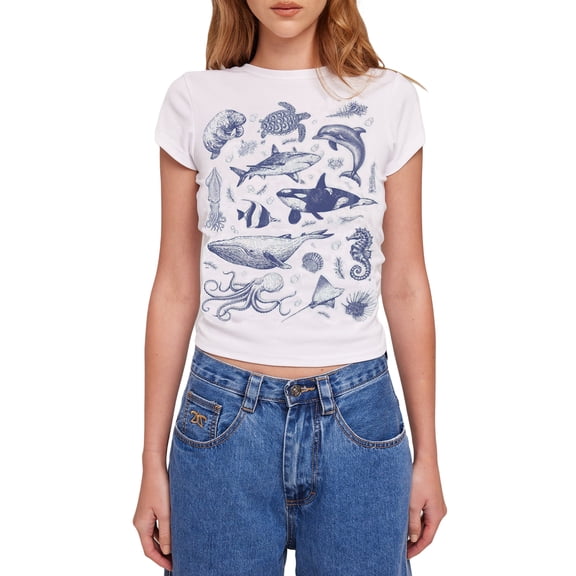 Musuos Women's Summer Slim Fit T-shirs Short Sleeve Crewneck Fruit/Wine Cup Print Crop Tops