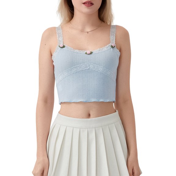 Musuos Women's Sweet Slim Camisole Mini 3D Rose Front Sleeveless Lace Shoulder Strap Vest Summer Casual Tops