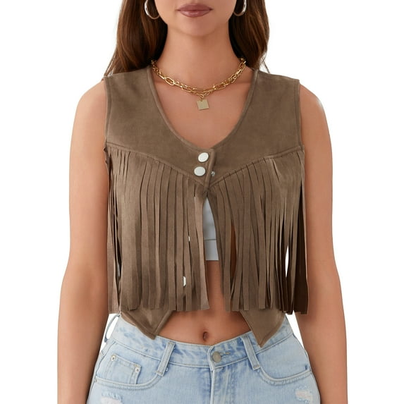 Musuos Women's Tassel Suede Vest Solid Color V-neck Front Button Sleeveless Hippie Crop Jacket Retro Waistcoat