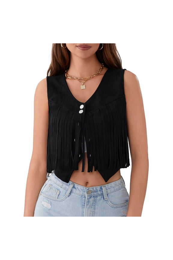 Women's Tassel Suede Vest Solid Color V-neck Front Button Sleeveless Hippie Crop Jacket Retro Waistcoat