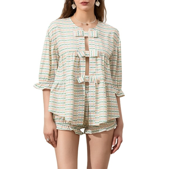 Musuos Women’s Two Piece Plaid Pajamas Set Short Sleeve Bow Front Loose Tops and MIni Shorts Set Loungewear