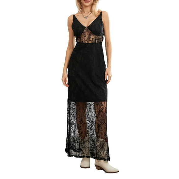 Musuos Women’s V Neck Sleeveless Long Dress Lace Flower Embroidery Slim Tank Dress for Summer