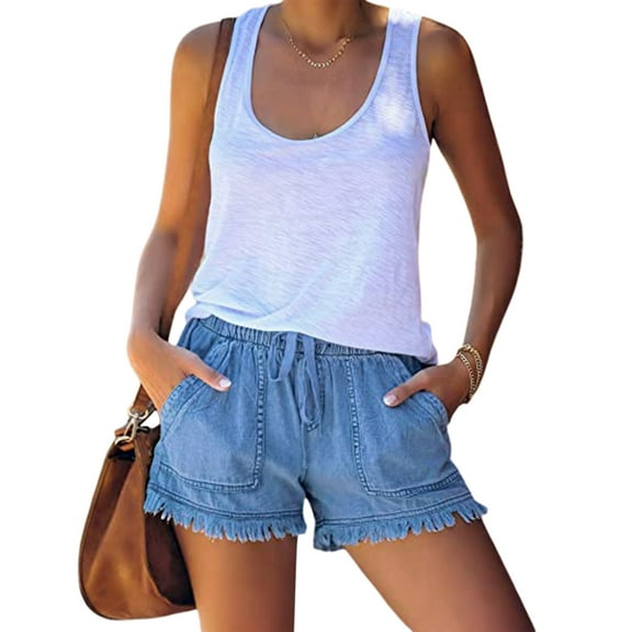 Musuos Women’s Washed Denim Shorts, Casual Drawstring Elastic Waist Frayed Hem Loose Short Jeans