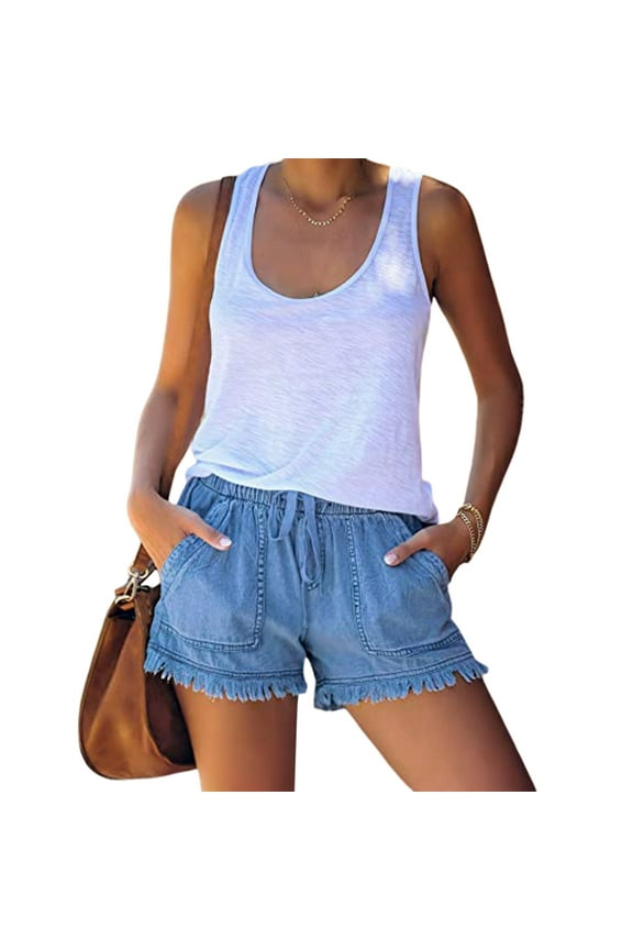 Women’s Washed Denim Shorts, Casual Drawstring Elastic Waist Frayed Hem Loose Short Jeans