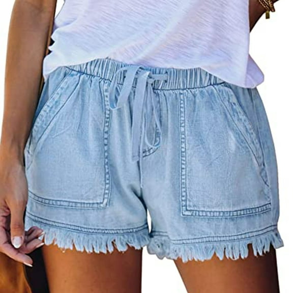 Musuos Women’s Washed Denim Shorts, Casual Drawstring Elastic Waist Frayed Hem Loose Short Jeans