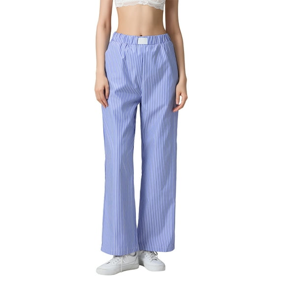 Musuos Women's Wide Leg Pants Casual Stripes Print Elastic Waist Lounge Pants Going Out Trousers