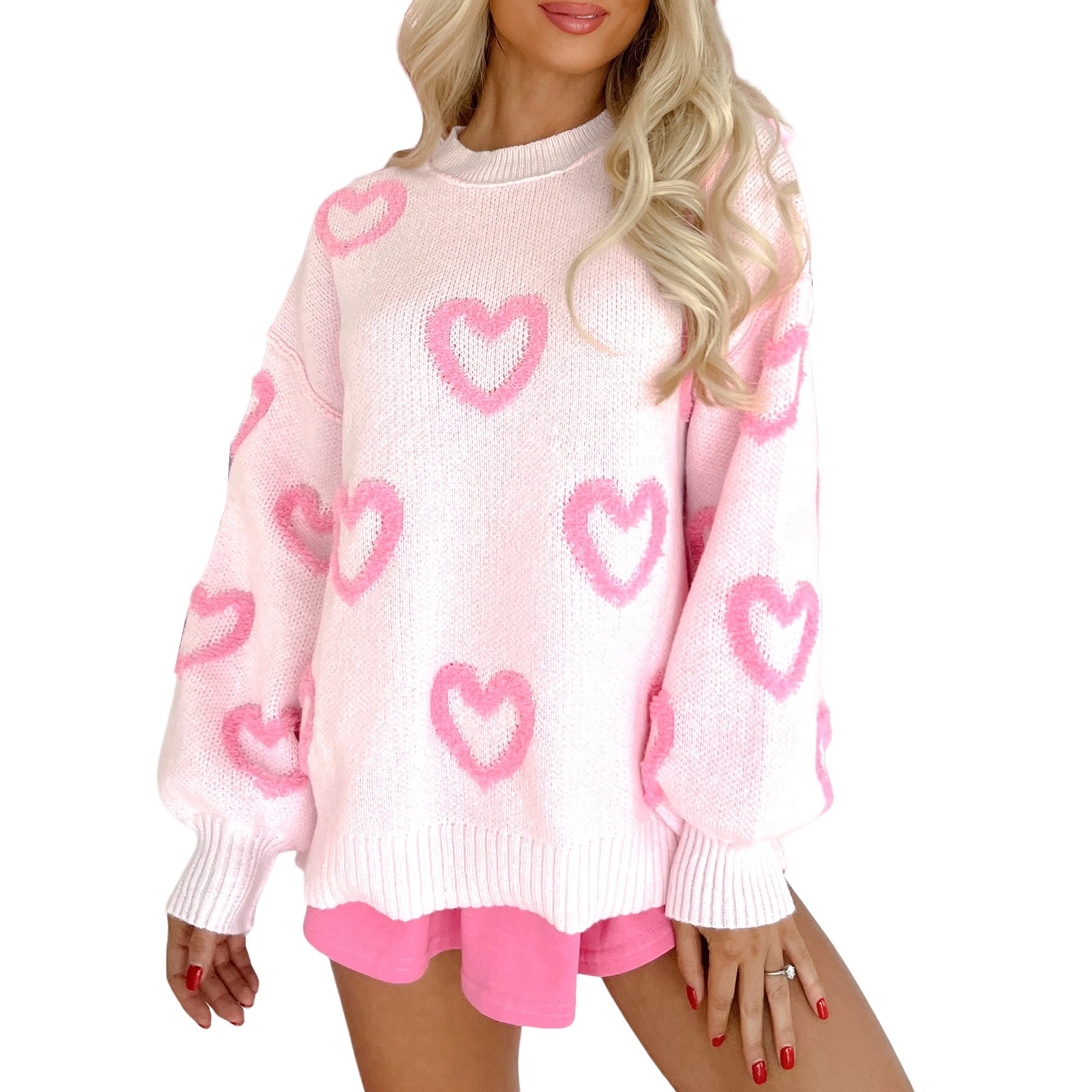 Musuos Womenacute;s Heart Sweater Fuzzy Long Sleeve Round Neck Pullover ...