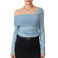 thumbnail image 1 of Musuos Womenacute;s Slim Ruched Tops Long Sleeve Solid Color Asymmetric Off Shoulder Spring Summer T-shirt, 1 of 10
