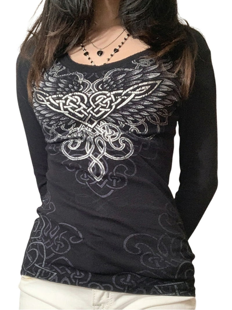 Musuos Womens Rhinestone Long Sleeve T-Shirt Y2K Fairycore