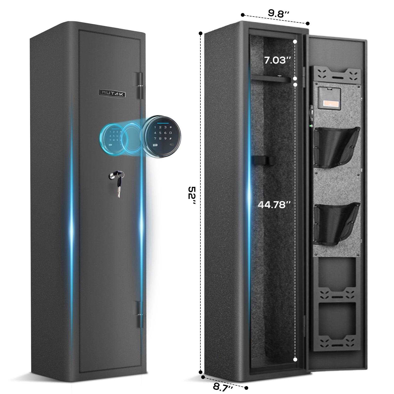 Mutak Biometric Gun Safe for 2-3 Rifles Home Long Gun Cabinet Fingerprint Quick Access Rifle Safe Fingerprint Wall Mount Rifle Gun Safe with Pistol Rack Pockets Ammo Storage Gun Safe Home Closet