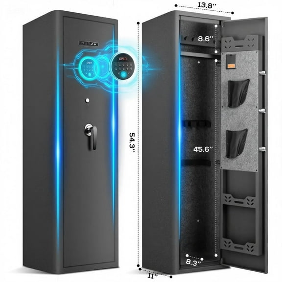 Mutak Biometric Gun Safe for 5-6 Rifles Home Long Gun Cabinet Fingerprint Quick Access Rifle Safe Fingerprint Wall Mount Rifle Gun Safe with Pistol Rack Pockets Ammo Storage Gun Safe Home Closet