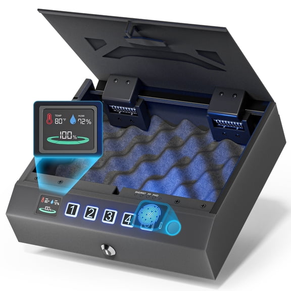 Mutak Gun Safe, Biometric Gun Safes for Pistols with LCD Display of Temperature Humidity, Fingerprint Quick Access Pistol Safe Solid Handgun Safe