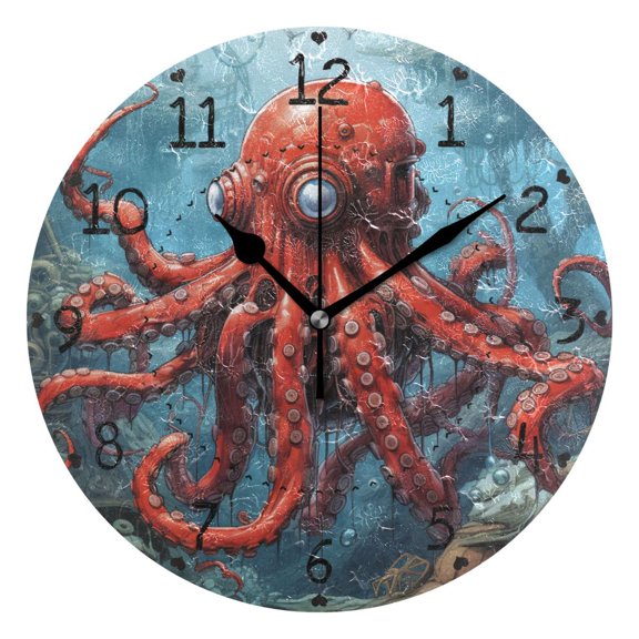 Mutant Octopus Round Wall Clock Silent Battery Operated Home Decor for Living Room Bedroom