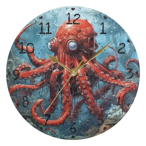 Mutant Octopus Round Wall Clock Silent Battery Operated Home Decor for Living Room Bedroom