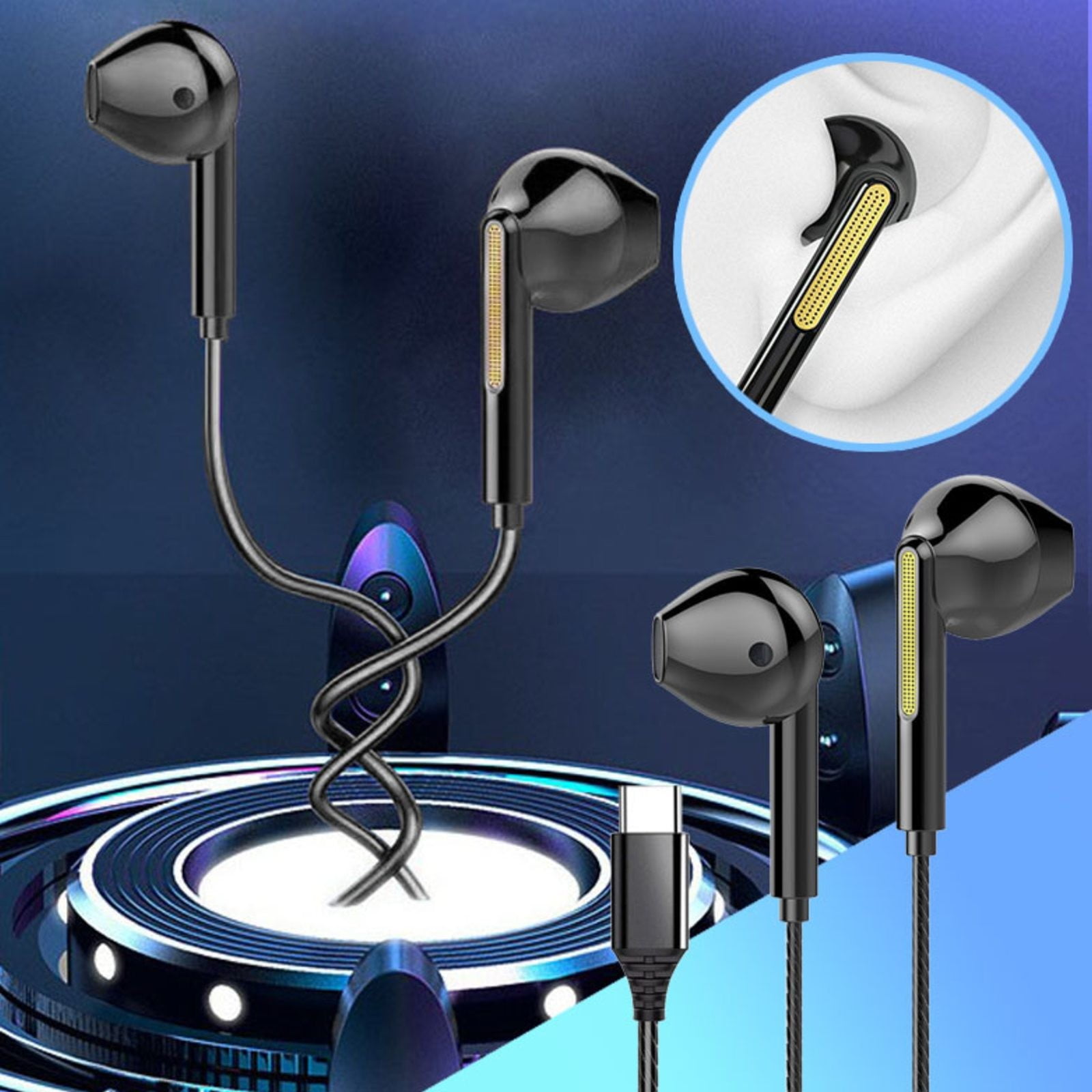Mute Button for Headset Type C In Ear Wired Headphones Subwoofer With