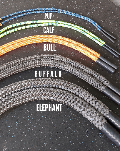 Mute Sports Equipment 5 Sets of Split Ropes® Seated Adaptive Jump Ropes Weights range from 2 oz. per side to 2 pounds per side.