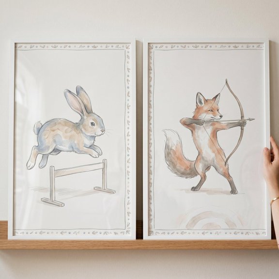 Muted Athletic Animals Woodland Rabbit Hurdle Fox Archery Nursery Poster, Set 2, Poster Only