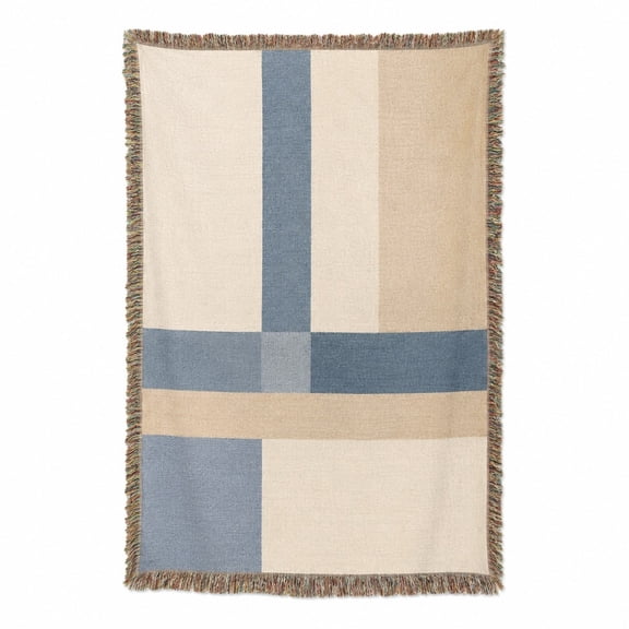 Muted Blue, Beige and Gray Plaid Woven Throw Blanket, Cotton with Fringed Edges, Classic Geometric Decor for Couch and Bed