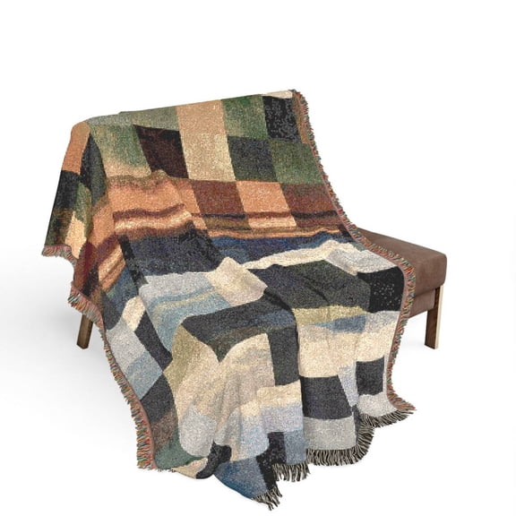 Muted Blue, Green and Tan Abstract Patchwork Landscape Woven Throw Blanket, 100% Cotton, Modern Rustic Decor