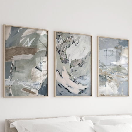 Muted Blue Mint Gray Prints Set Of 3, Abstract Wall Art