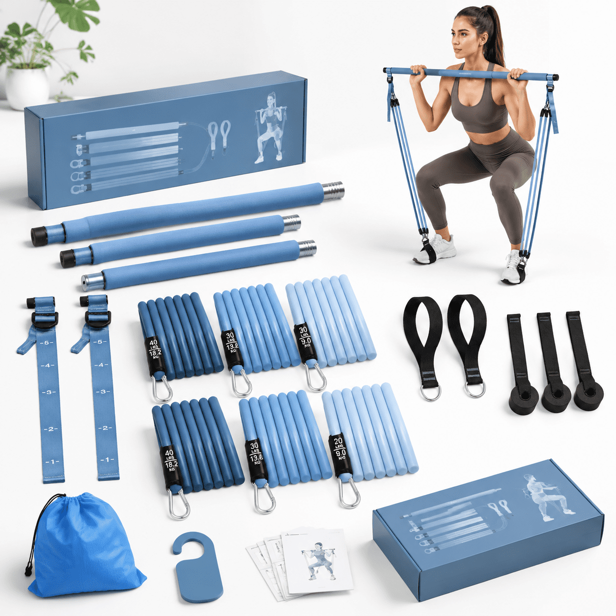 Pliates Kit Muted Blue Pilates Bar Kit With Adjustable Resistance Bands For Full ...