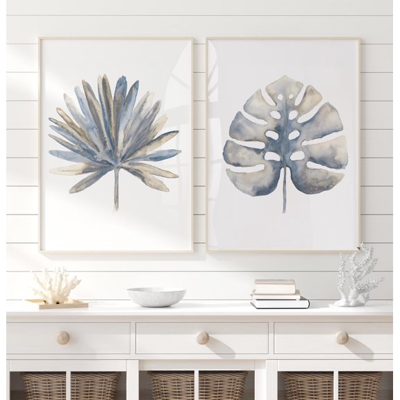 Muted Blue Tropical Leaves Wall Art Prints Minimalist Botanical Watercolors Home Decor Office Wall Art Set 2