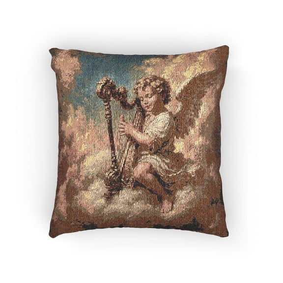 Muted Blue and Gold Cherub Angel with Harp Woven Pillow, 17 x 18 in, Cotton-Polyester Shell