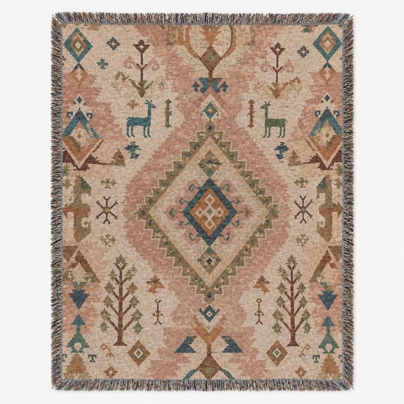 Muted Blush Southwestern Geometric Woven Throw Blanket, 100% Cotton, Desert Folk Style for Living Room Decor