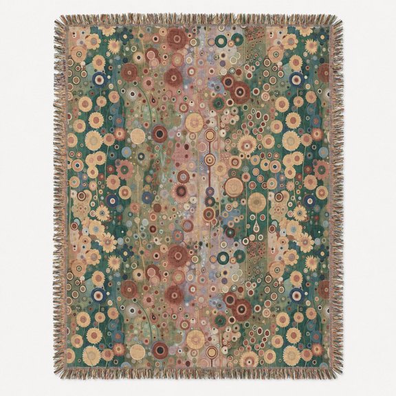 Muted Botanical Circle Mosaic Woven Throw Blanket, 100% Cotton with Fringed Edges, Home Decor