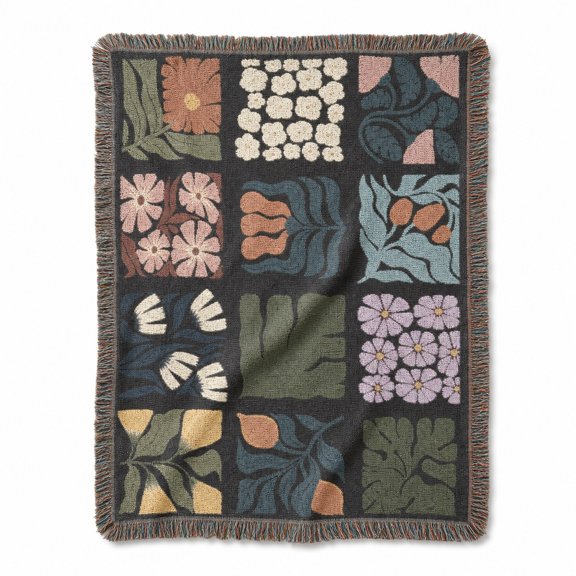 Muted Botanical Patchwork Woven Throw Blanket, Cotton with Fringed Edges, Modern Floral Decor for Living Room and Bedroom