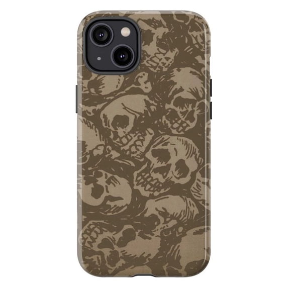 Muted Brown Overlapping Skulls iPhone Case, Edgy Gothic Skeleton Pattern Protective Cover for iPhone 16 15 14 13 12 11 Pro Max Mini Plus