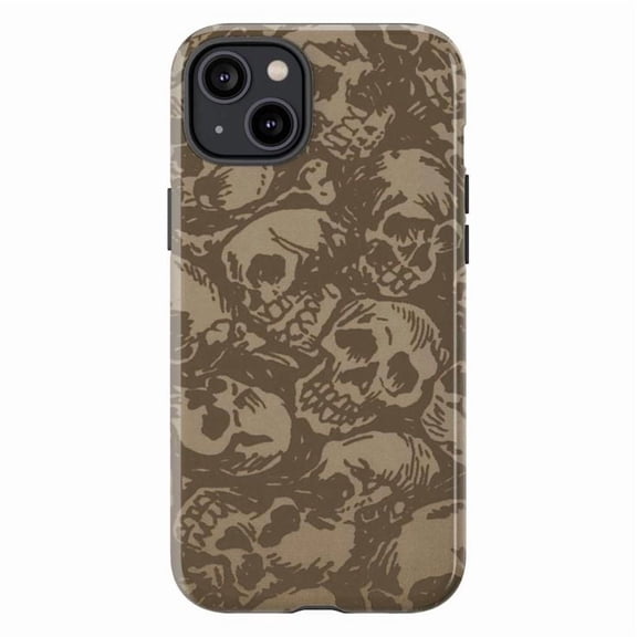 Muted Brown Overlapping Skulls iPhone Case, Edgy Gothic Skeleton Pattern Protective Cover for iPhone 16 15 14 13 12 11 Pro Max Mini Plus