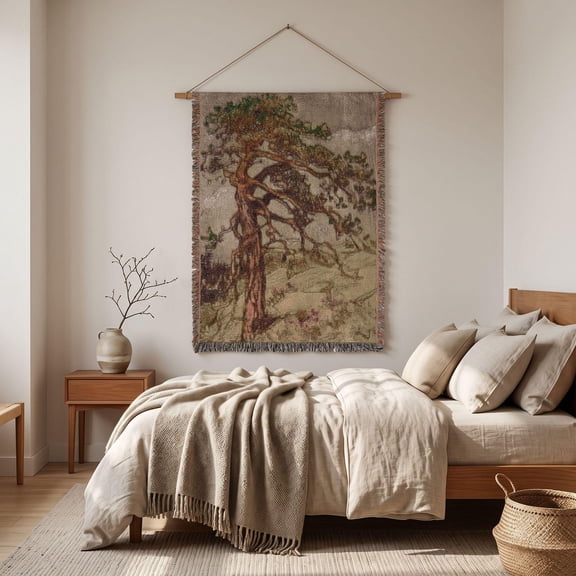 Muted Brown and Sage Pine Tree Landscape Woven Throw Blanket, 100% Cotton, Fringed Edges, Sofa or Bed Accent
