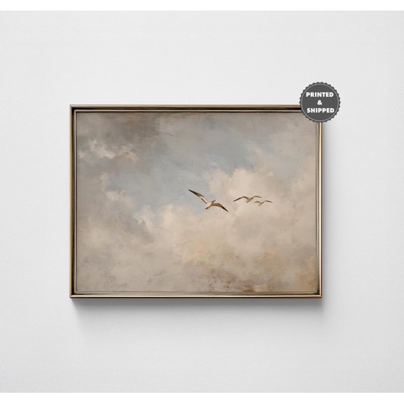 Muted Cloud Skyline White Birds Neutral Coastal Landscape Cottage Decor Travel Wall Art Unframed Paper Print
