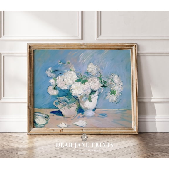 Muted Cloudy Landscape Soft Neutral Vintage Cloud Art White Flowers Still Life Vintage Botanical Floral Poster, UNFRAMED Size 16x16