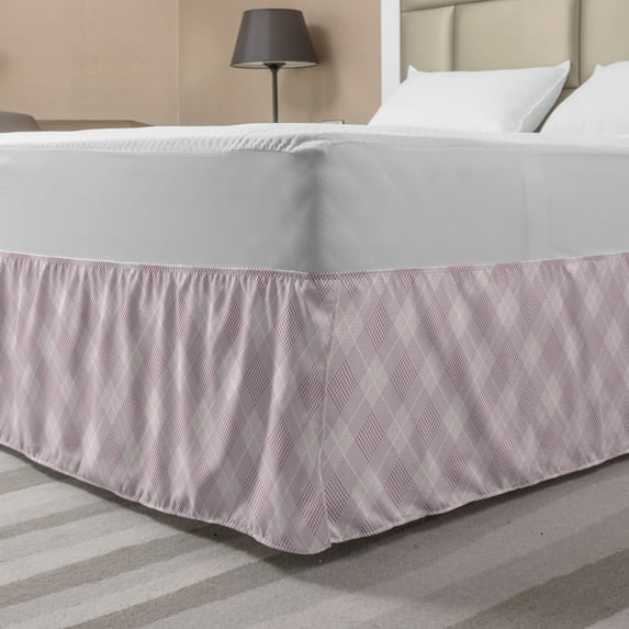 Muted Colors Bed Skirt, Plaid Inspired Squares Print in Delicate Violet Rose Tones, Elastic Bedskirt Dust Ruffle Wrap Around for Bedding Decor, 4 Sizes, Grey Pink Pale Mauve, by Ambesonne