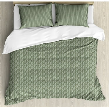 Muted Colors Duvet Cover Set, Repetitive Leafy Simplistic Branches in Nature Monochrome Layout, Decorative 3 Piece Bedding Set with 2 Pillow Shams, Calking Size, Sage Green and White, by Ambesonne
